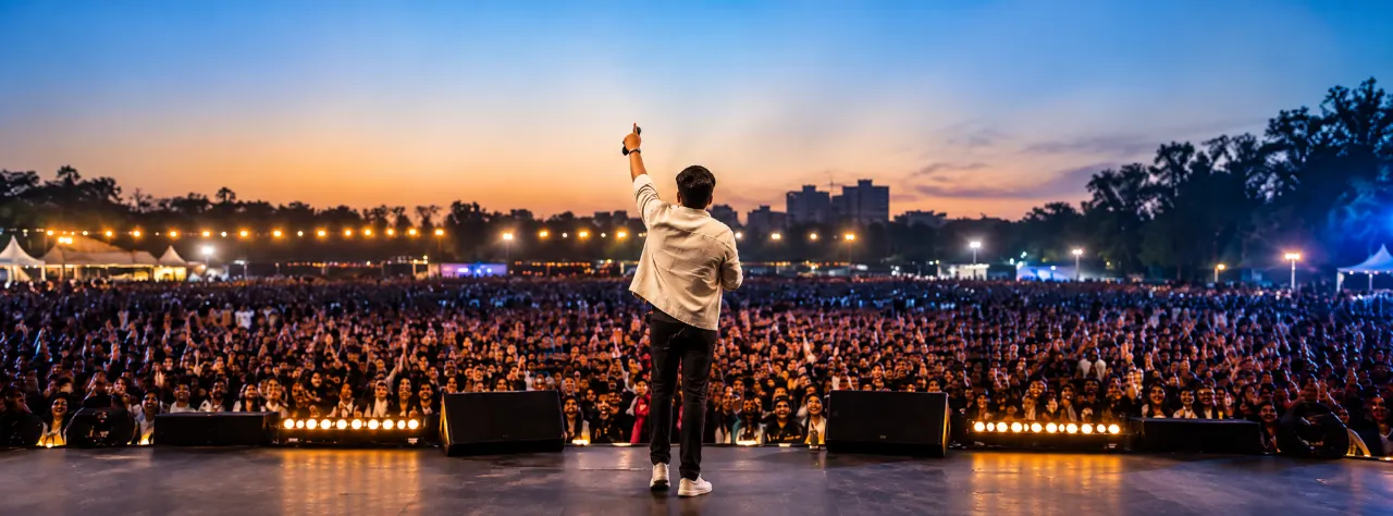 Performer on stage raising a microphone to a large outdoor crowd at dusk